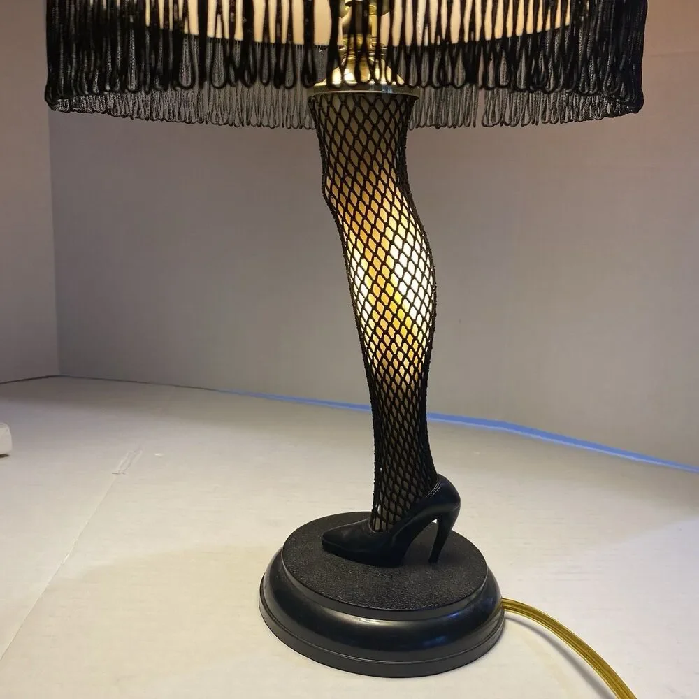 ICONIC YELLOW/BLACK FRINGE FISHNET LEG TABLE LAMP INSPIRED BY A CHRISTMAS STORY